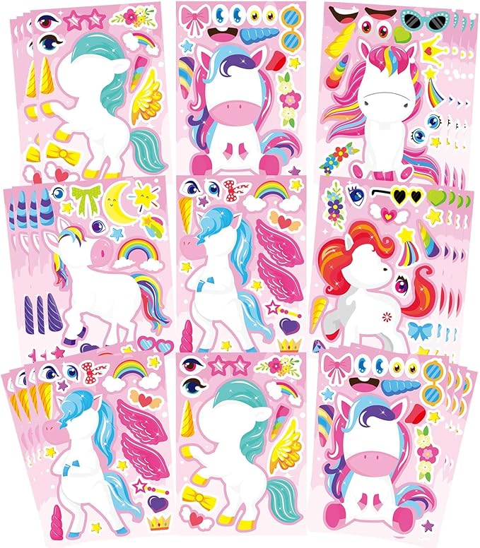 24 sheets make your own unicorn stickers for kids toddlers, make a face sticker, unicorn stickers for kids party favors activities