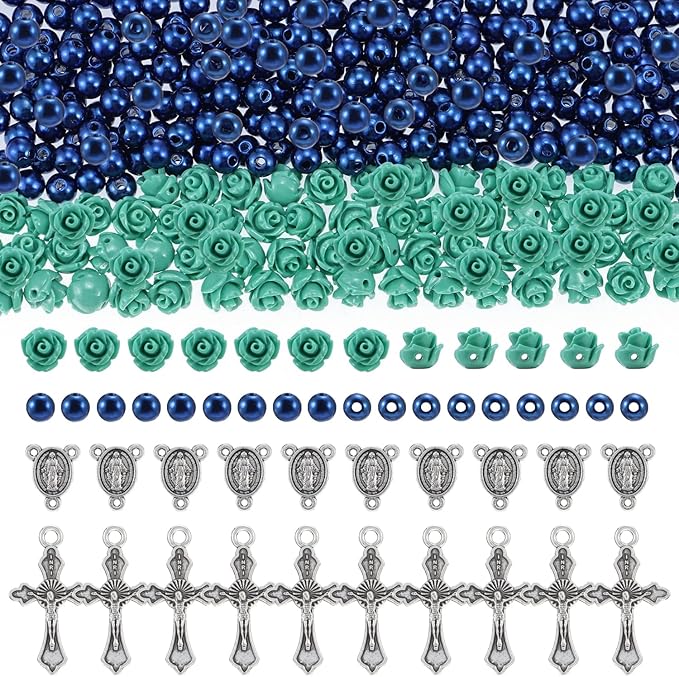 610Pcs Rosary Jewelry Making Kit, Rosary Pearl Beads Carved Rose Beads Rosary Cross Centerpiece Crucifix Medal, Rosary Prayer Making Supplies First Communion Necklace Bracelet Jewelry Making (Blue)