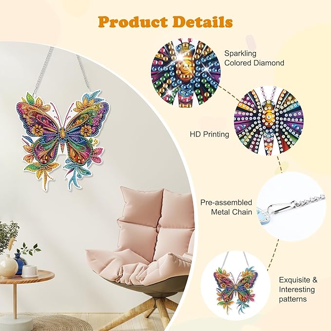 HEIBAGO Butterfly Hanging Diamond Art Kits for Adults, Special Shaped Crystal Diamond Painting Ornament Kit, DIY Double-Sided Pattern Window Pendant Gem Art Kit for Home Wall Decor 8.3x8.3inch