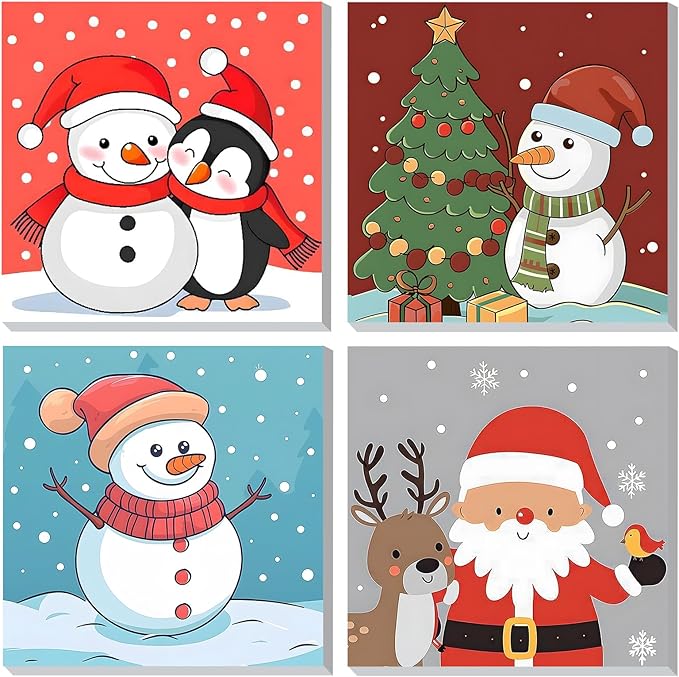 DOMROM 4 Pack Framed Paint by Numbers Penguin for Kids Beginners, Adult Paint by Number Kits Santa on Canvas, Acrylic Number Painting Christmas Craft Kits for Gift Home Decor 8x8in