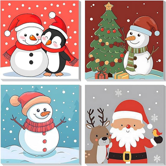 DOMROM 4 Pack Framed Paint by Numbers Penguin for Kids Beginners, Adult Paint by Number Kits Santa on Canvas, Acrylic Number Painting Christmas Craft Kits for Gift Home Decor 8x8in