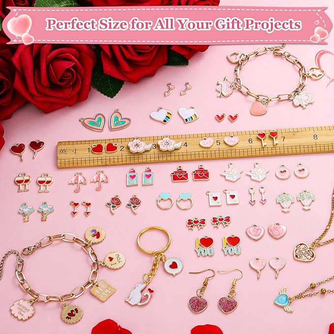 Modacraft 120 Pcs / 60 Pairs Valentine's Day Charms - Gold Enamel Valentine Charms for Jewelry Making, Multiple Romantic Styles Pendant for Making Necklaces, Earrings, Valentine's Day Gifts