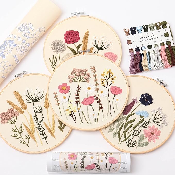 reewisly embroidery kit for beginners 4 sets, hand diy cross stitch kits,2 pcs embroidery hoop,4 pcs plants flowers embroidery patterns and threads,easy for the embroidery beginners to learn…