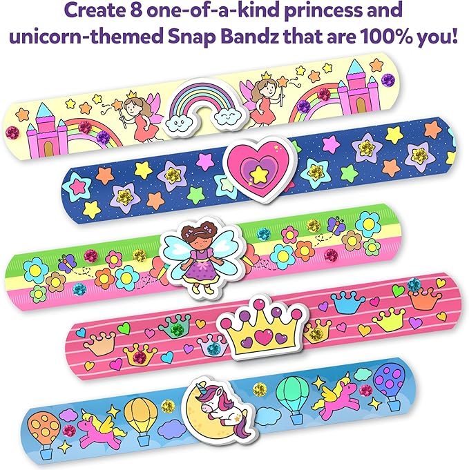 skillmatics craft activity - snap bandz, unicorns & princesses, diy art & craft activity, mess-free, creative kit, 8 bands (8.6"), gifts for girls & boys ages 4, 5, 6, 7, 8, 9, 10