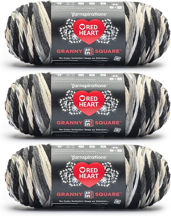 Red Heart All in One Granny Square Black - Dove Yarn - 3 Pack of 250g/8.8oz - 100% Acrylic - #4 Worsted (Medium) - 381m/417Yards - for Knitting, Crochet and Amigurumi