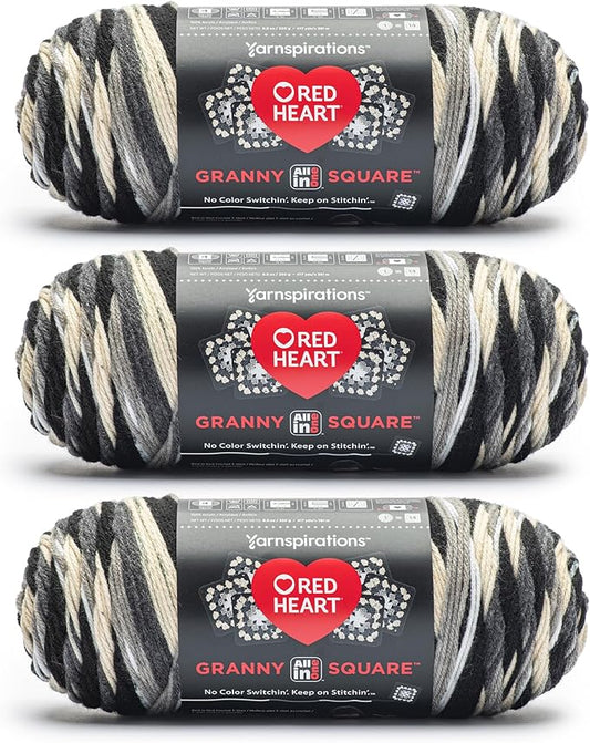 Red Heart All in One Granny Square Black - Dove Yarn - 3 Pack of 250g/8.8oz - 100% Acrylic - #4 Worsted (Medium) - 381m/417Yards - for Knitting, Crochet and Amigurumi