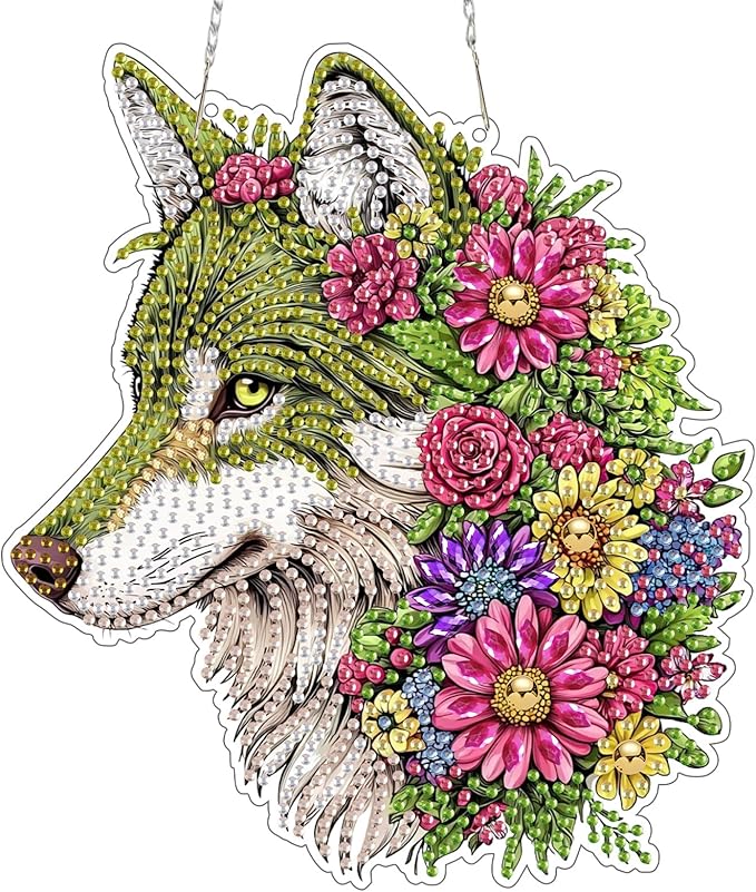 SENQAO Wolf Diamond Art Hanging Kits for Adults Kids, Acrylic Diamonds Painting Pendant Board Kit Wolf, Diamond Art Painting Window Pendants Home Garden Wall Hanging Kits Hanging Ornament
