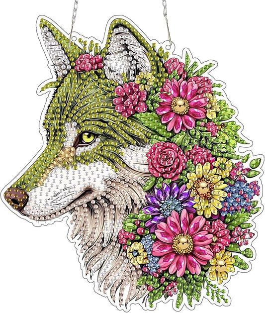 SENQAO Wolf Diamond Art Hanging Kits for Adults Kids, Acrylic Diamonds Painting Pendant Board Kit Wolf, Diamond Art Painting Window Pendants Home Garden Wall Hanging Kits Hanging Ornament