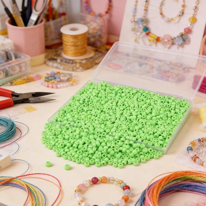 1000 Pc Boxed Fresh Green Pony Beads Bulk, 9MM Plastic Craft Beads with Large Hole, Green Hair Bead for Braids, Bracelet Bead for Jewelry Making