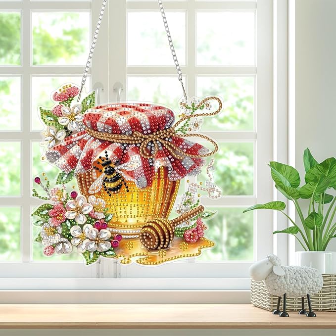 Bowetile Garden Bees Diamond Art Hanging Kits for Adults, Diamond Art Suncatchers Honey Jar, 5D Special Shape Diamond Painting Bee Pendant Window Ornament Gifts for Home Wall Door Garden Decor