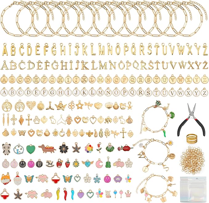 Starry 481 Pieces Gold Charm Bracelet Making Kit with Pliers Including 12 Paperclip Chain 100 Charms Jewelry,104 Letter Charms Kit,Pliers/Jump Rings Supplies for Adult DIY Crafting and Jewelry Making