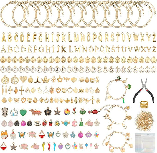 Starry 481 Pieces Gold Charm Bracelet Making Kit with Pliers Including 12 Paperclip Chain 100 Charms Jewelry,104 Letter Charms Kit,Pliers/Jump Rings Supplies for Adult DIY Crafting and Jewelry Making