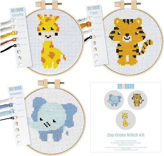 kraftex floral stamped cross stitch kits for beginners - 3 pack. diy embroidery needlepoint patterns for adults. easy cross stitch kits for beginners (zoo creatures)