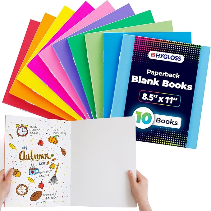 hygloss blank books - bulk 10 pack – 8.5" x 11" a4 assorted colors – paperback blank books for kids to write stories, doodle art – plain drawing sketchbook, unlined journal, notebook without lines