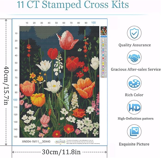 wildflower cross stitch kits for adults - stamped crossstitching kits preprinted 11 count cross-stitch kit for beginner, 11ct prestamped easy pattern needlepoint kits crafts for decor