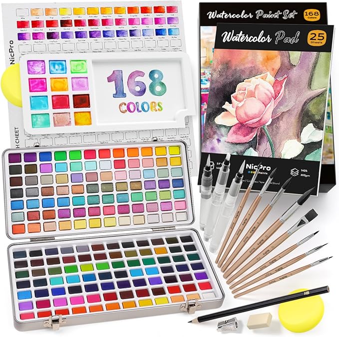nicpro 168 colors watercolor paint set include metallic macaron candy fluorescent, 8 synthetic squirrel painting brushes, 25 water color paper, palette, art supplies kit for artist adult beginner with box
