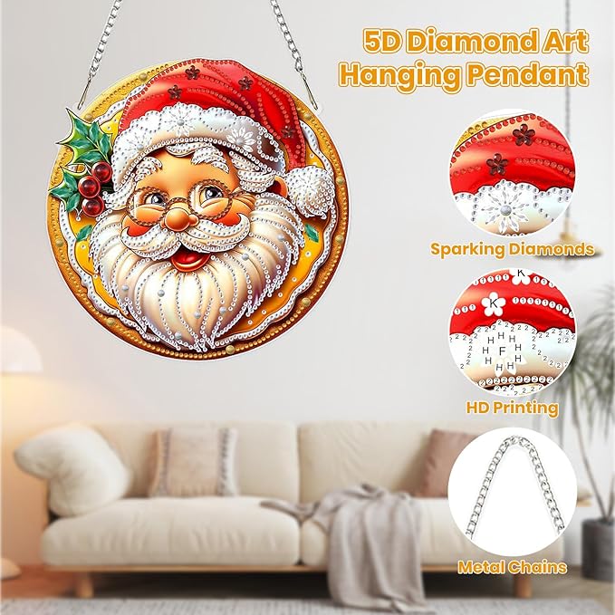 MOGTAA Christmas Diamond Art Hanging Kits for Adults Kids, Santa Claus Diamond Art Suncatchers, 5D Special Shape Diamond Painting Window Pendant Kit for Home Garden Wall Decor