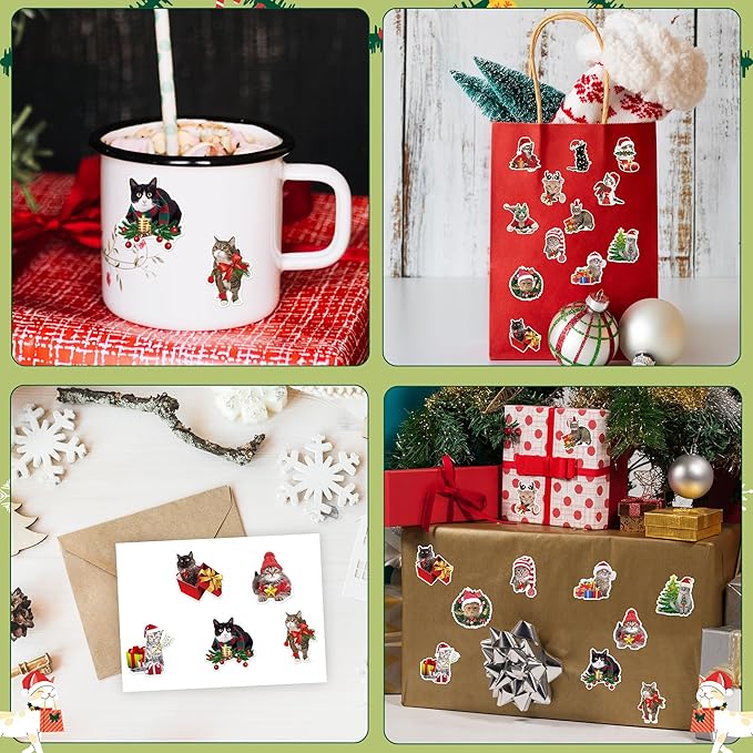 h1vojoxo christmas cat sticker rolls- 1000pcs holiday cat stickers for kids 16 styles christmas cute cats realistic sticker xmas gift cats stickers for envelopes craft water bottles