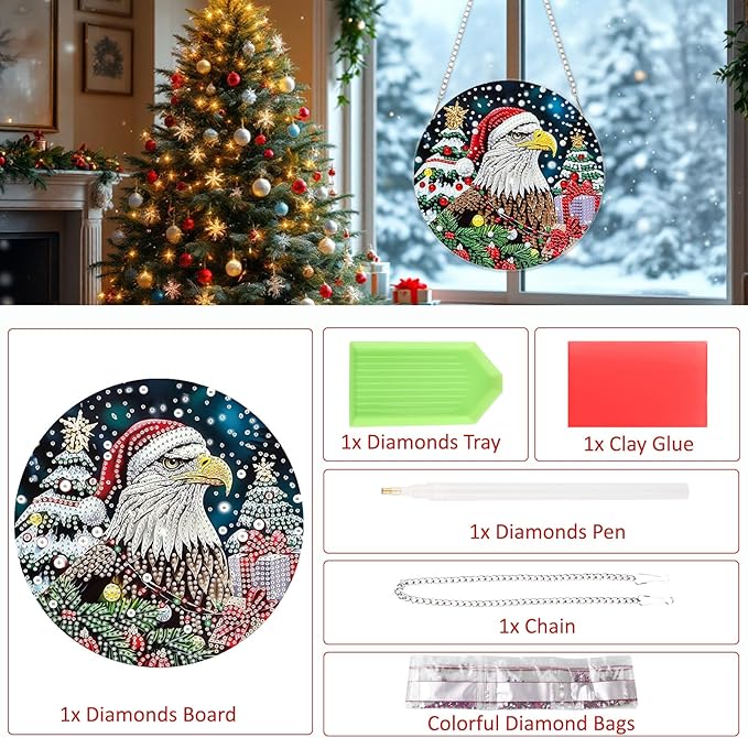 SENQAO Christmas Diamond Art Hanging Kits for Adults Kids, Eagle Diamond Art Suncatchers, 5D Special Shape Diamond Painting Pendant Window Ornament Gifts for Home Door Wall Decor