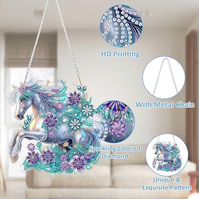 SENQAO Horse Hanging Diamond Art Painting Kits for Adults Beginners, 5D Special Shape Diamond Art Kits, Horse Flower Crystal Rhinestones Diamond Gem Art Painting for Home Garden Wall Decor