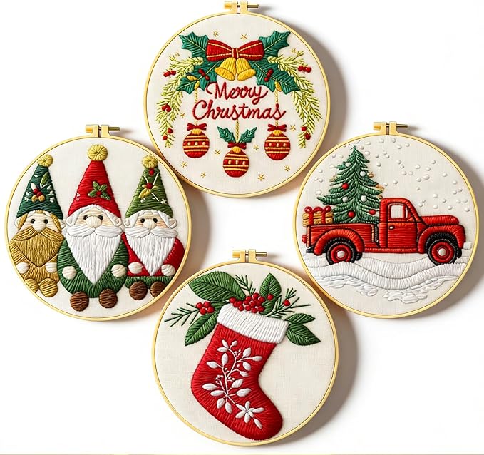 Zhenqing Christmas Embroidery Kit for Beginners - 4 Piece 29x29cm Round Hoop Art with Pre-Printed Cotton Fabric, Embroidery Hoop, Threads & Tools (Merry Christmas, Stocking, Truck, Gnomes)