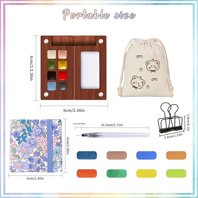 Mini Travel Watercolor Paint Set - Wooden Palette Box with 8 Colors Watercolor Paint, 300GSM Watercolor Notebook, Water Brush Pen & Clip, Pocket Watercolor Kit Mini Paint Set for Adults Artists Students Beginners
