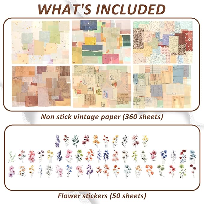 410 Pcs Vintage Scrapbook Paper, 6 Retro Journaling Scrapbooking Pape Supplies Kit includes 50 Sheet Flowers Stickers for Bullet Junk Planners Aesthetic Room Decor Wall Art Decorations Album Crafts
