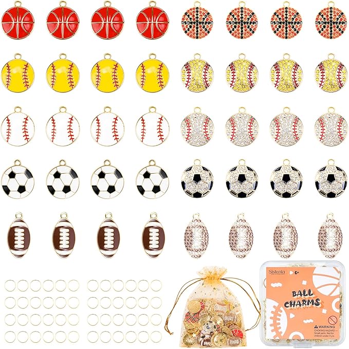 Sports Charms for Jewelry Making, Enamel Rhinestone Ball Game Football Soccer Charms with 40Pcs Jump Rings Pendants for Bracelet Necklace Earrings Making DIY Crafts Adults Gifts