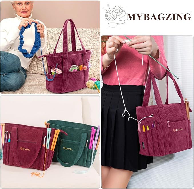 Crochet Bag and Tote - Corduroy Yarn Bag - Yarn Holder for Crocheting - Crochet Storage Bag for Crochet Hooks, Crochet Accessories, Knitting Bag for Crochet Lovers, Mother's Day Gift