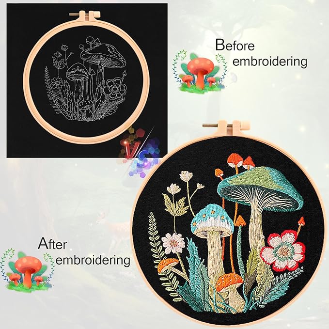 Mushroom Embroidery Kit for Beginners Adults, Stamped Hand Embroidery Kit, Embroidery Starter Kit with Floral and Mushroom Design, Cross Stitch Kits with Printed Embroidery Cloth and Embroidery Tools