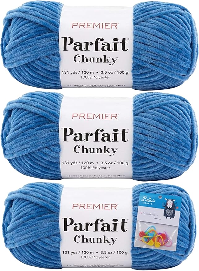 Premier Yarns Parfait Chunky Chenille Yarn 3.5 Oz 6 Super Bulky Weight 3 Pack Bundle with Bella's Stitch Place Holders (Cornflower)