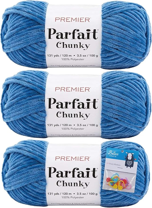 Premier Yarns Parfait Chunky Chenille Yarn 3.5 Oz 6 Super Bulky Weight 3 Pack Bundle with Bella's Stitch Place Holders (Cornflower)