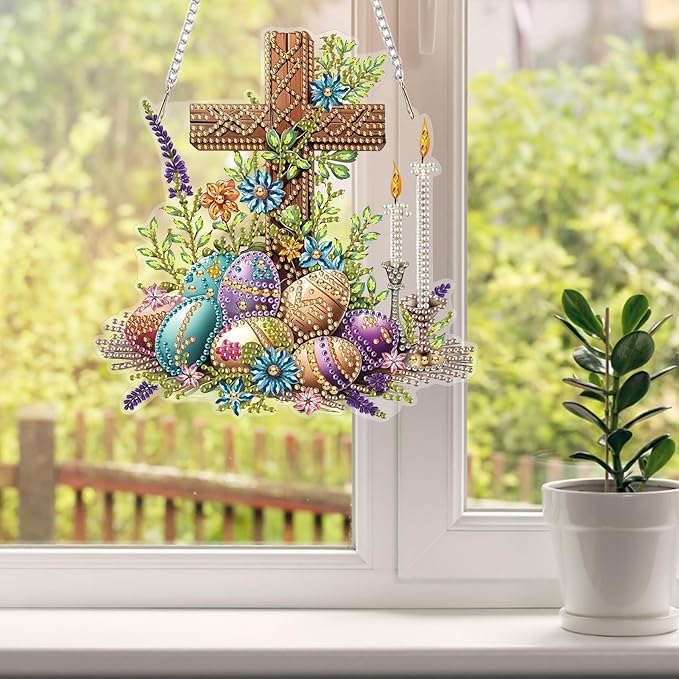 HEIBAGO Easter Eggs Diamond Art Hanging Kits for Adults, Diamond Art Suncatchers Cross, 5D Special Shape Diamond Painting Pendant, DIY Window Ornament Gifts for Home Garden Door Wall Decor 8.3 x 8.3In