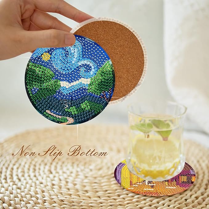 8 Pcs Diamond Art Coasters Kit with Holder, DIY Famous-Painting Diamond Painting Coasters for Beginners Adults, Non Slip Diamond Art Kits Craft Supplies 4x4inch