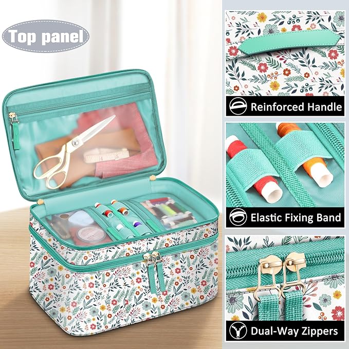 FINPAC Sewing Accessories Storage and Organizer Case, Double-Layer Sewing Kits Carrying Bag with Wrist Pin Cushion for Threads, Needles, Embroidery Floss Supplies, Felting Kits (Spring Bloom)