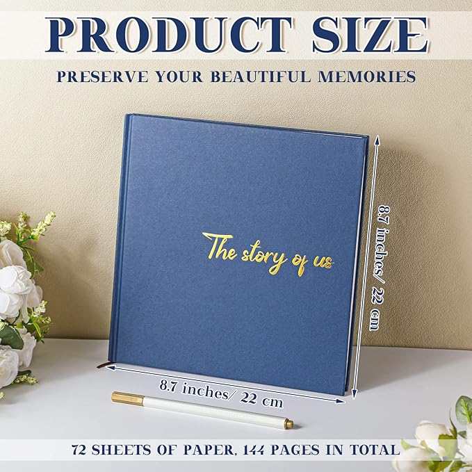 Colarr Hardcover Couples Scrapbook 144 Pages 8.7 x 8.7" Valentine Couples Photo Album Scrapbook Journal for 1 Year Wedding Memory Anniversary Photo Book Gift with 2 Markers(Navy Blue,the Story of Us)