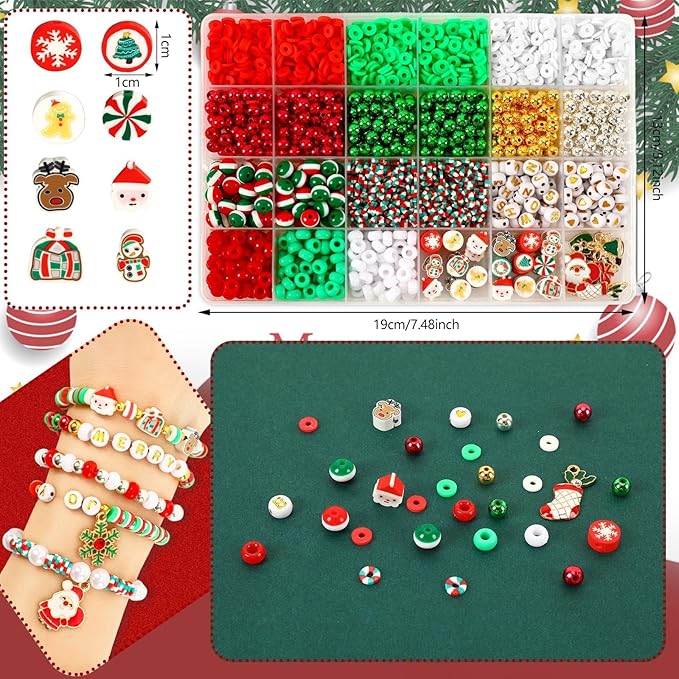 UPINS 2100PCS+ Christmas Bracelet Making Kit, Christmas Red Green White Gold Clay Beads for Friendship Jewelry Making Holiday with Xmas Charms