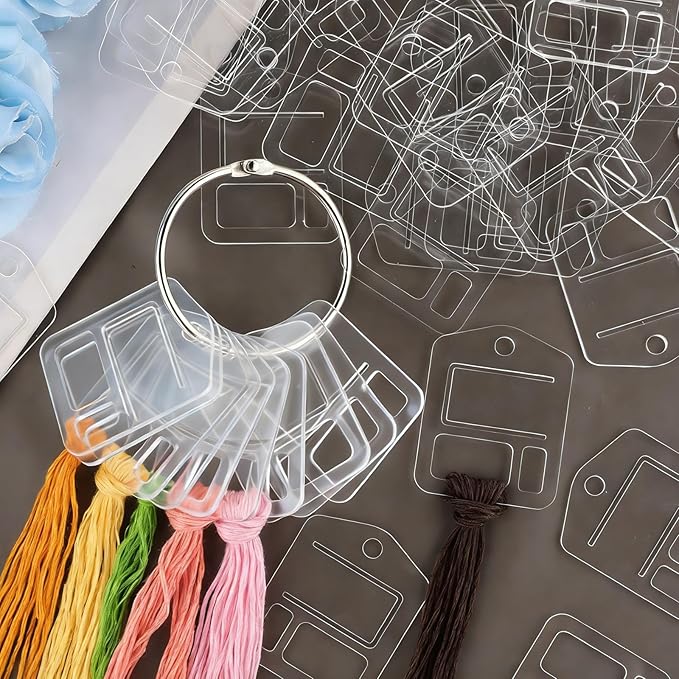 53 Pcs Clear Acrylic Embroidery Floss Drops,Hinged Ring Thread Bobbins for Cross Stitch Sewing,Organizers for Thread Storage DIY Craft Supplies(Style B)