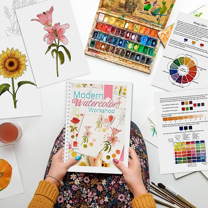 Watercolor Workbook, Watercolor Workbook Paint Book Beginner Friendly, 12 Different Patterns Stress-Relieving Art Crafts for Creative Exploration Gift for Women Adults Teens (Flower, 1)