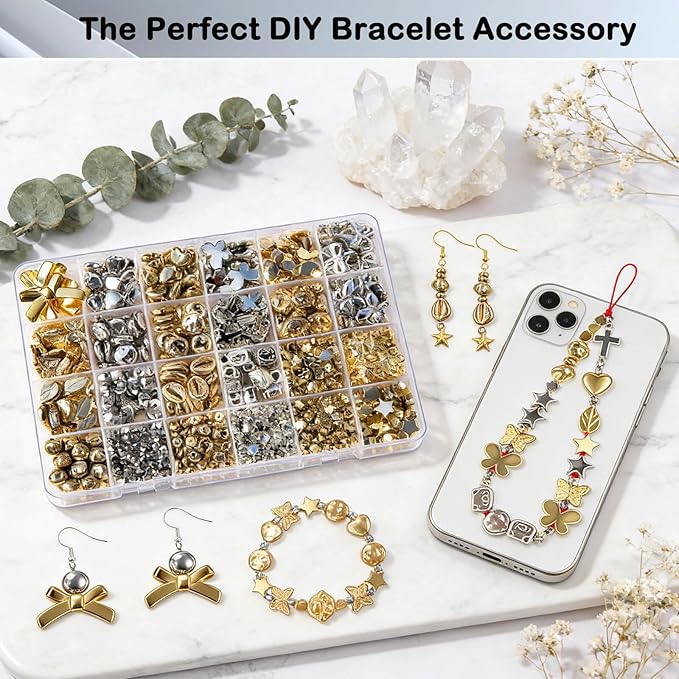 1000pcs Gold Silver Acrylic Beads Kit, 4-32mm for Jewelry Making Assorted Hearts Stars Bead Butterfy Cat Paw DIY Craft Supplies for Necklaces Earring Bracelet Keychains Adult Beginners Professionals