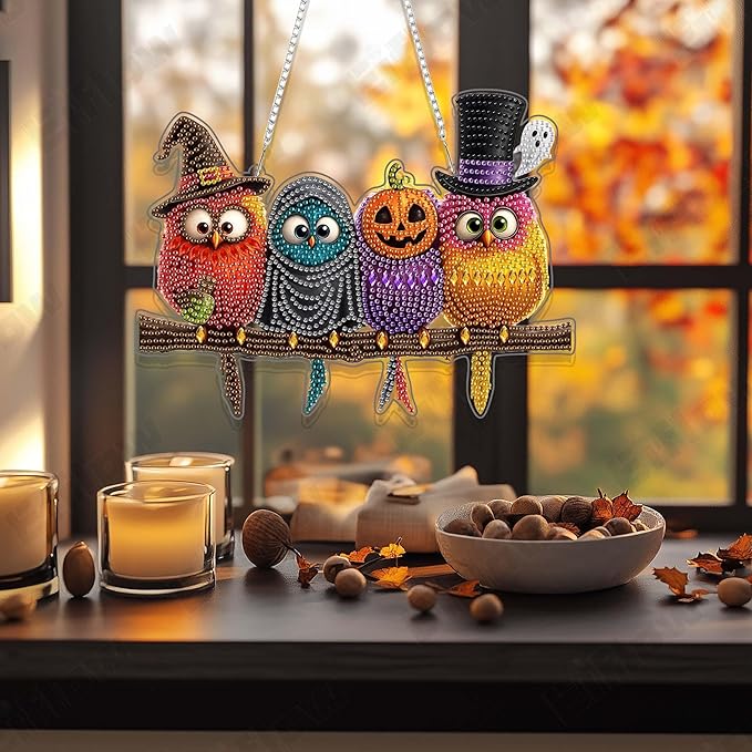 Eiflow Acrylic Diamond Art Hanging Kit for Adults Halloween Bird, DIY Diamonds Painting Door Hanger Board Kit, Special Crystal Diamond Art Painting Pendant Ornament