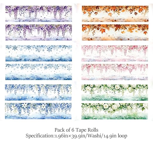 Washi Tape Stickers for Scrapbooking Supplies, 6 Rolls of Holographic Nature Seasons Ripples Themed Scrapbook Stickers for Journaling, Junk Journal Supplies, Planer (Flower)