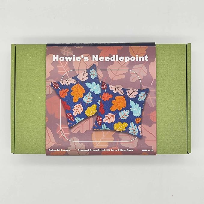 Howie's Needlepoint Needlepoint Kits for Adults, Pillow Front Cross Stitch Kit with Embroidery Pattern on Canvas, Yarn, 2 Needles and Instruction, 16 x 16inch(Colourful Leaves)