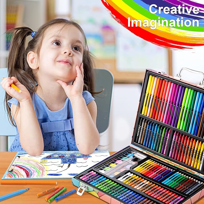 Art Supplies, 180 Pack Drawing Painting Set for Kids Girls Boys Teens, Coloring Art Kit Gift Case with Clipboard, Coloring Papers, Oil Pastels, Crayons, Colored Pencils, Watercolor Cakes, Markers