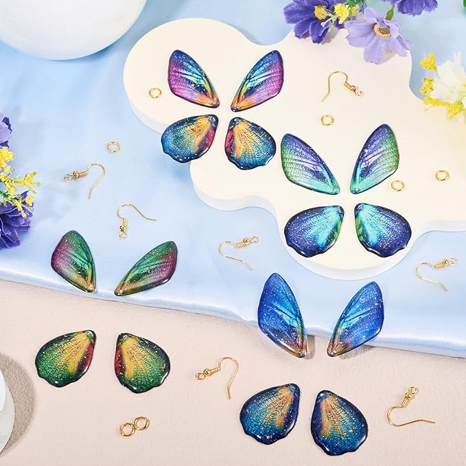 FASHEWELRY 16Pcs Resin Fairy Wings Earring Charms Dark Blue Green Butterfly Wing Pendants Opaque Insect Feather Charms with Jump Rings Earrings Hooks for DIY Earring Jewelry Making