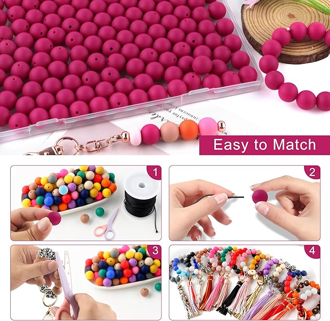 150Pcs 15mm Silicone Beads for Keychain Making Bracelet Necklace, Bulk Round Silicone Beads for Pens(Magenta)