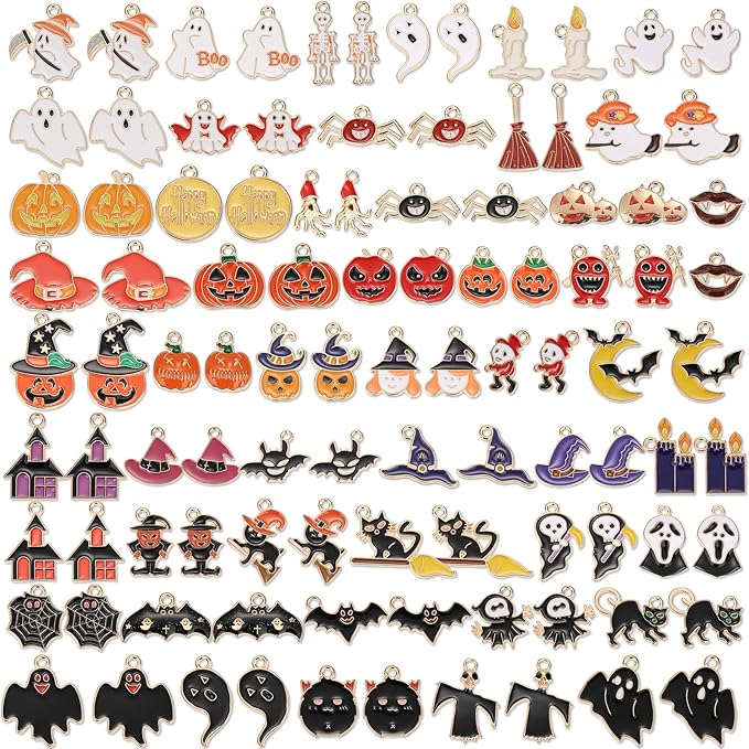 100Pcs 50 Pairs Halloween Charms for Jewelry Making and Bracelets, Gold Enamel Jewelry Pendants for Halloween Earring Bracelet Necklace Craft Making