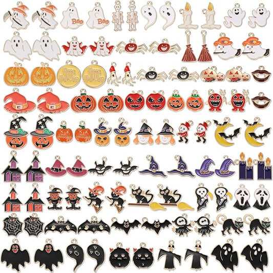 100Pcs 50 Pairs Halloween Charms for Jewelry Making and Bracelets, Gold Enamel Jewelry Pendants for Halloween Earring Bracelet Necklace Craft Making