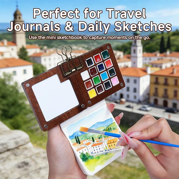 Mini Watercolor Travel Set – Magnetic Wooden Paint Palette with Anti-Beading Mixing Area – Portable Pocket Watercolor Paint Set for Urban Sketching & Travel
