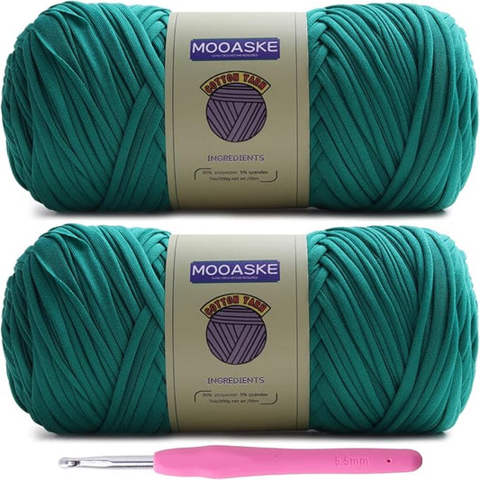 2 Pack T-Shirt Crochet Yarn for DIY Knitting Crochet Cloth Blanket Bag Dolls - 400g Chunky Thick Yarn for Crocheting with Polyester-Spandex Blend Elastic Fabric (Green)